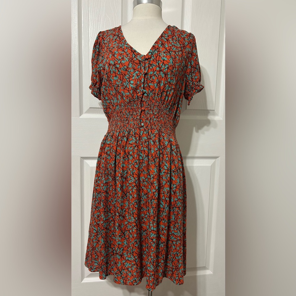 Sandy & Sid Women’s Orange & Turquoise Floral Dress Smocked Waist Puff Sleeves M
